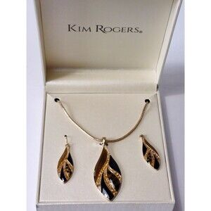 Brown Enamel Goldtone Fashion Necklace & Earring Set Jewelry Designer Kim Rogers